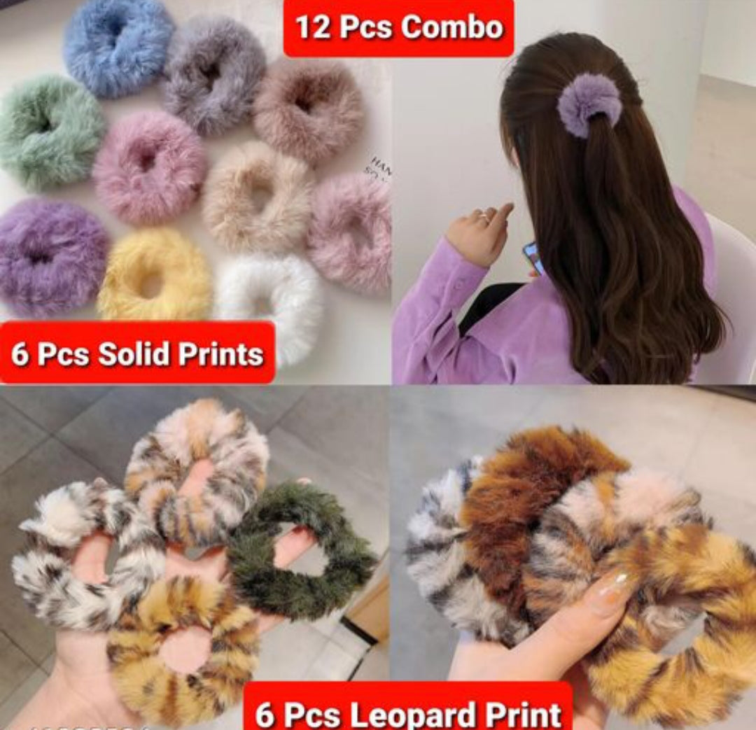 Attractive Women Multicolored Fur Scrunchies (Pack of 12)