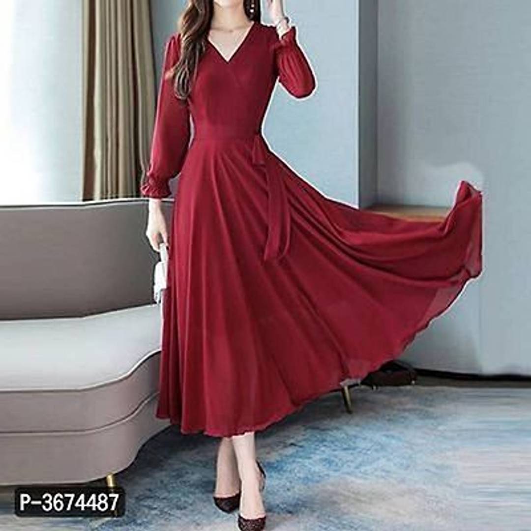 Women Red V-Neck Long Sleeve Georgette Maxi Dress