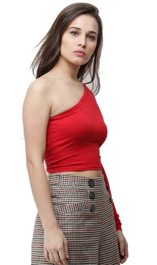 Stylish One Shoulder Sexy Solid Crop Top.