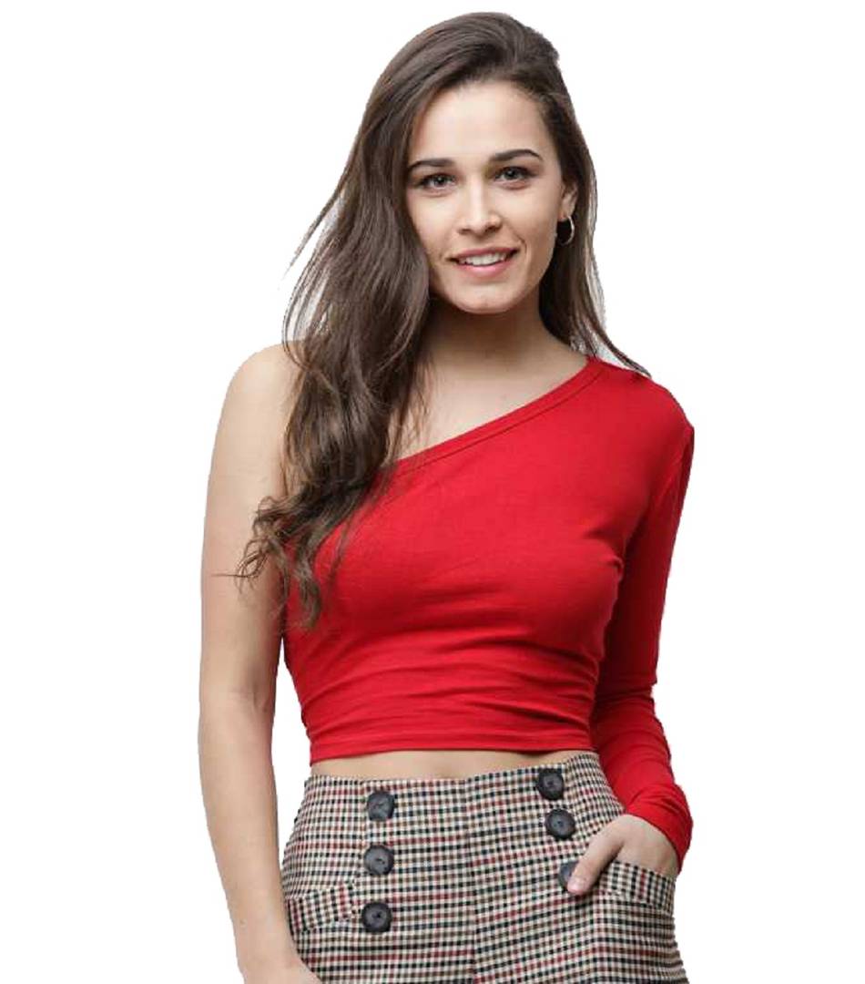Stylish One Shoulder Sexy Solid Crop Top.