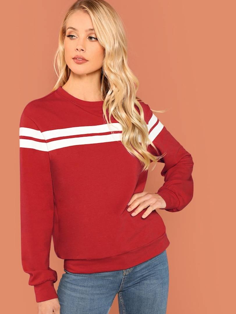 Vivient Women Red Plain White Stripe Pullover.