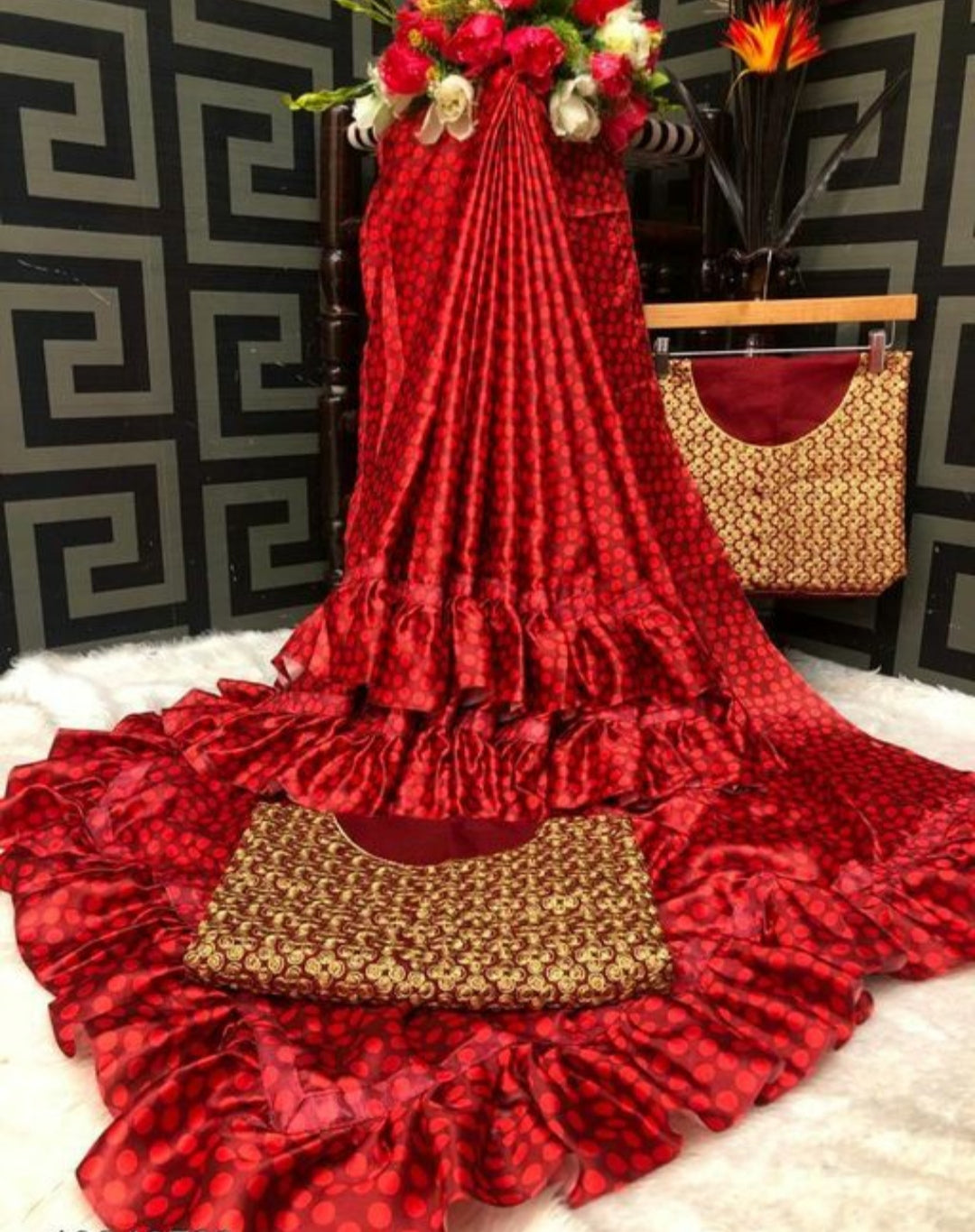 Hot Red Bangalori Ruffle Satin Silk Embroidered Saree.